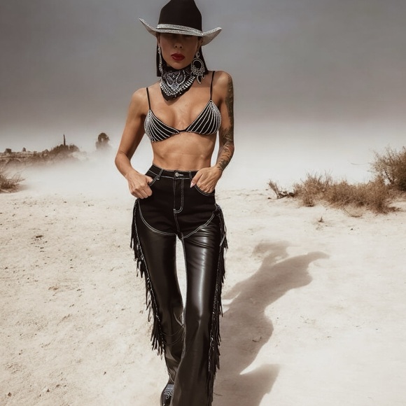 Western cowgirl chaps jeans, fringe denim, festival fringe pants - Picture 5 of 10